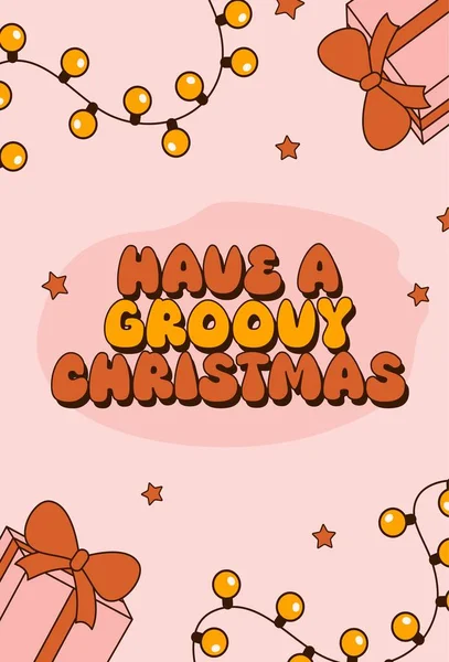 70 'lerin harika Noel kartı. Eski moda çizgi film tarzı. Kutlama kartı, baskı, davetiye, poster, afiş, arkaplan.