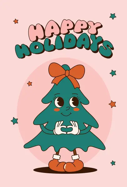 Sevimli yılbaşı ağacıyla birlikte 70 'lerin harika Noel kartı. Eski moda çizgi film tarzı. Kutlama kartı, baskı, davetiye, poster, afiş, arkaplan.