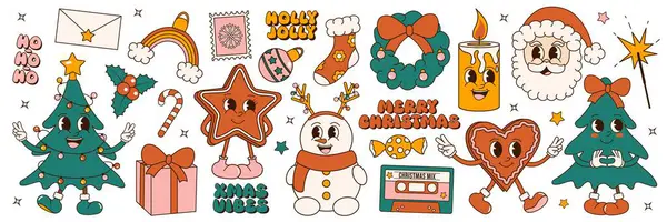 Mutlu noeller. 70 'lerin havalı Noel çıkartması seti. Moda retro çizgi film tarzı öğeler ve cümleler