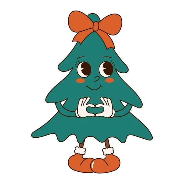 70 'lerin havalı Noel çıkartması. Moda modası geçmiş çizgi film karakteri, komik maskot. Kırmızı fiyonklu şirin noel ağacı
