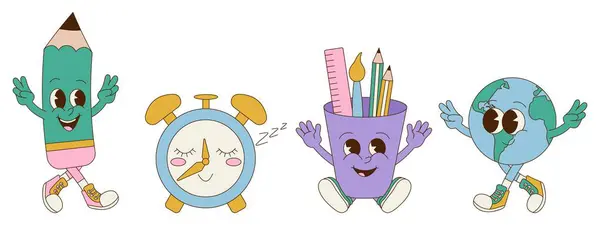 Eski moda okul çıkartması setine geri dönüş. Şirin maskotlar. Toprak, çalar saat, kalem..