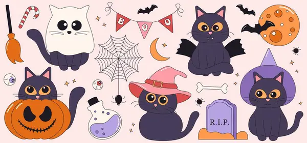 Ürkütücü kostümlü ve şapkalı kedilerle dolu Retro Halloween çıkartması..