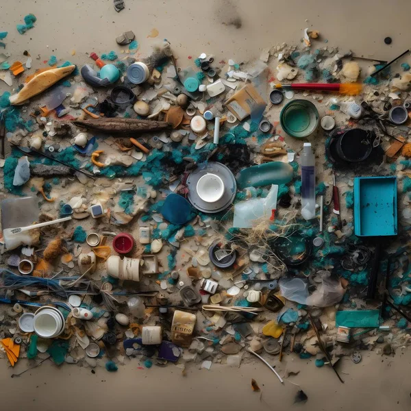 Ocean pollution, beach waste trash, top view