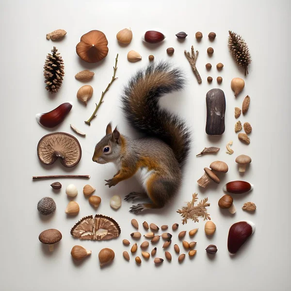 Veverka Ořechy Houby Les Podzimní Návrhářství Stock Snímky