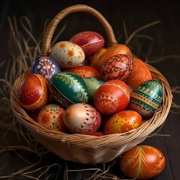Huevos Pascua Pintados Colores Cesta Una Superficie Madera Imagen de archivo