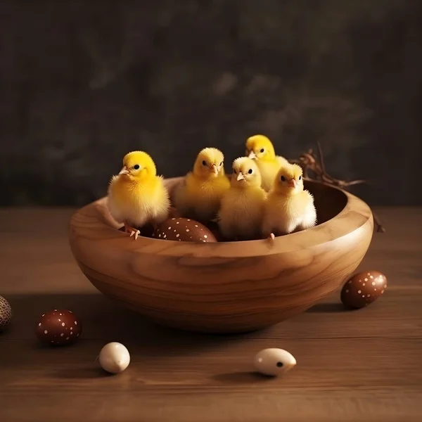 Pollitos Lindos Huevos Pascua Tazón Madera Imagen de archivo