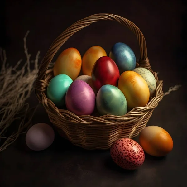 Huevos Pascua Colores Cesta Sobre Fondo Oscuro Imagen de stock