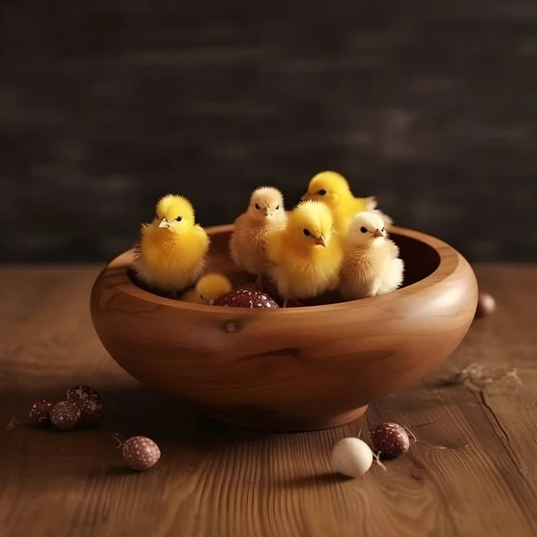Roztomilé Malé Kuřátka Velikonoční Vajíčka Dřevěné Míse Royalty Free Stock Obrázky