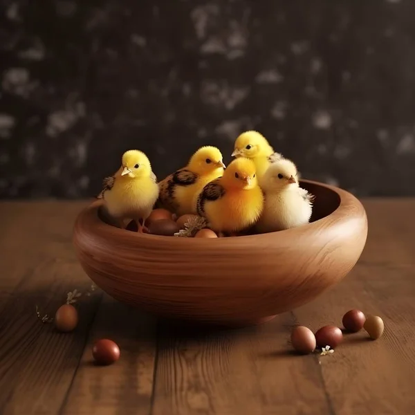 Roztomilé Malé Kuřátka Velikonoční Vajíčka Dřevěné Míse Royalty Free Stock Obrázky