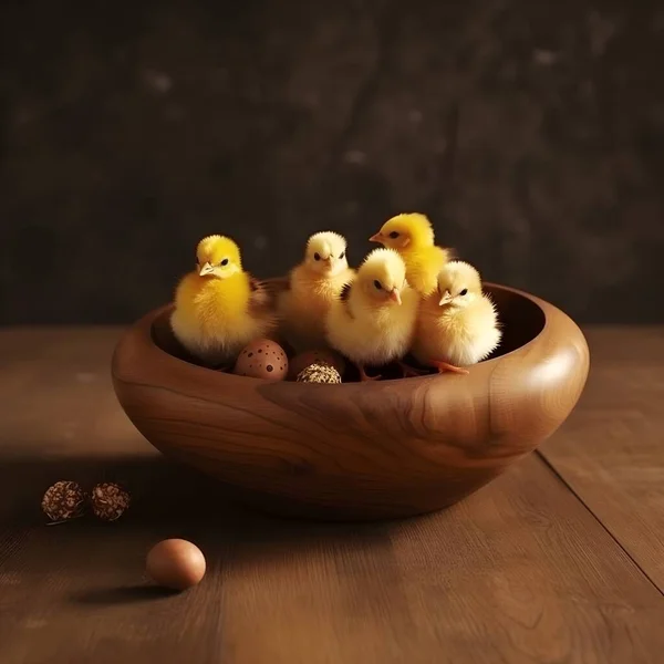 Roztomilé Malé Kuřátka Velikonoční Vajíčka Dřevěné Míse Royalty Free Stock Fotografie