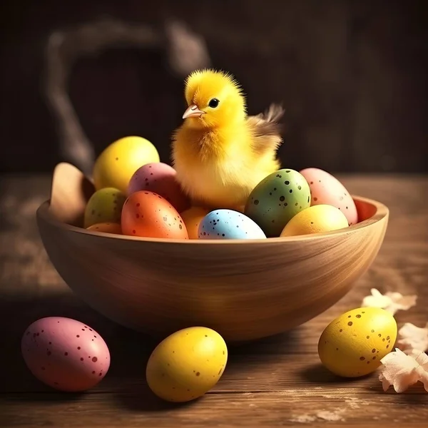 Concepto Pascua Huevos Colores Cuenco Madera Con Pollita Joven Imagen de archivo