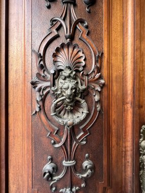 Aslan kafası ve çiçek motifli bronz kapı tokmağı. Yüksek kalite fotoğraf