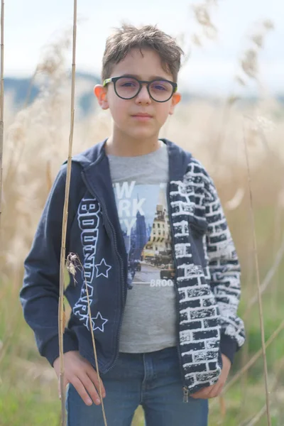 Retrato Niño Pequeño Con Gafas Naturaleza Foto Alta Calidad —  Fotos de Stock