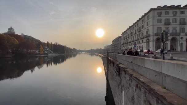 Turin Panorama Över Floden Vid Solnedgången Högkvalitativ Film — Stockvideo