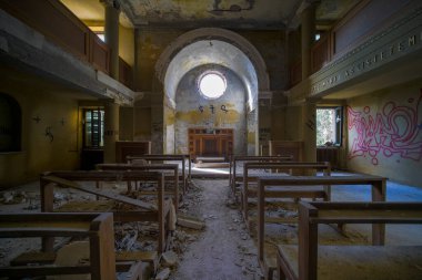 pews in abandoned church. High quality photo