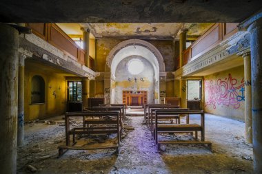 pews in abandoned church. High quality photo