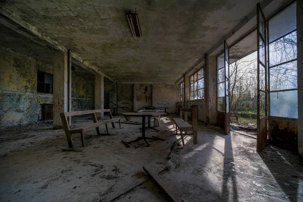 desks and chairs in abandoned school. High quality photo