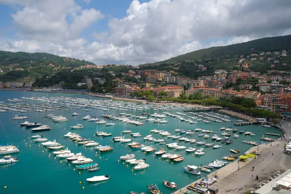 Gulf Lerici Moored Boats Panoramic View Castle High Quality Photo — Stock Photo, Image
