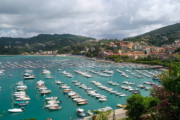 Gulf Lerici Moored Boats Panoramic View Castle High Quality Photo — Stock fotografie