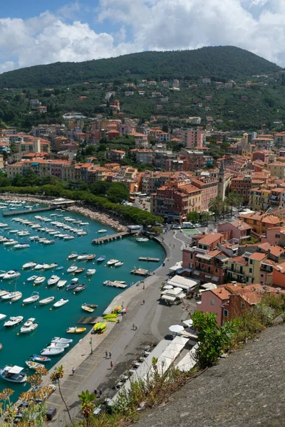 Port Lerici Liguria Moored Boats Panoramic View Sunny Day High — Photo