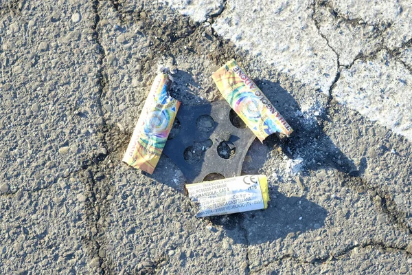 Leftovers End Year Fireworks Left Street Litter High Quality Photo — Stok fotoğraf