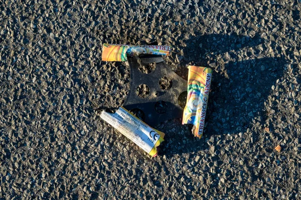Leftovers End Year Fireworks Left Street Litter High Quality Photo — Stok fotoğraf
