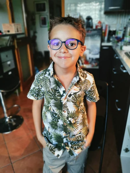Beautiful Little Boy Indoors Wearing Hawaiian Flower Shirt High Quality — Stockfoto