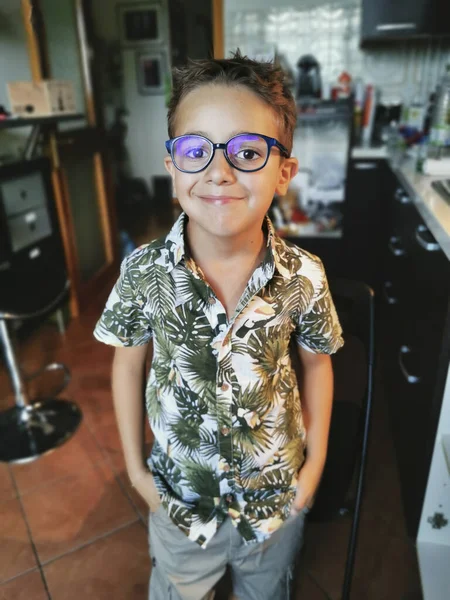 Beautiful Little Boy Indoors Wearing Hawaiian Flower Shirt High Quality — Stok fotoğraf