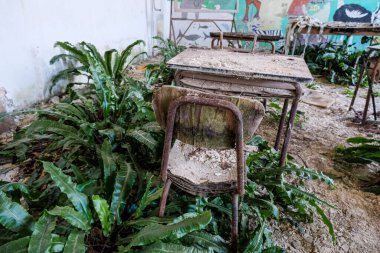 abandoned kindergarten with ruined desks and chairs overgrown urbex. High quality photo