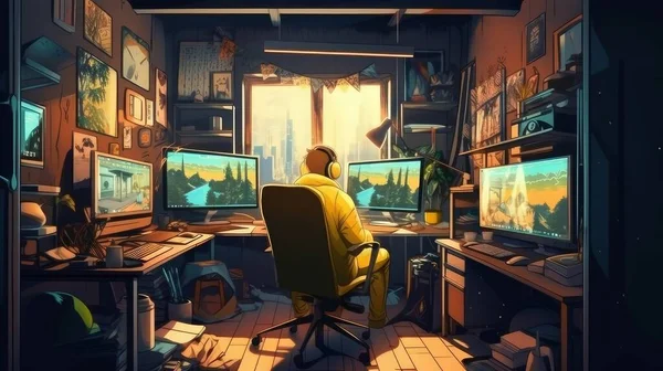 a trader sits with his back to us at the computer table on a gaming chair, a cozy loft room, in yellow colors, on the table there are newspapers or comics with heroes. High quality photo