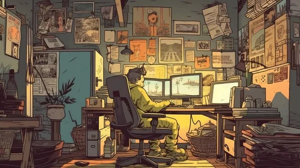 a trader sits with his back to us at the computer table on a gaming chair, a cozy loft room, in yellow colors, on the table there are newspapers or comics with heroes. High quality photo