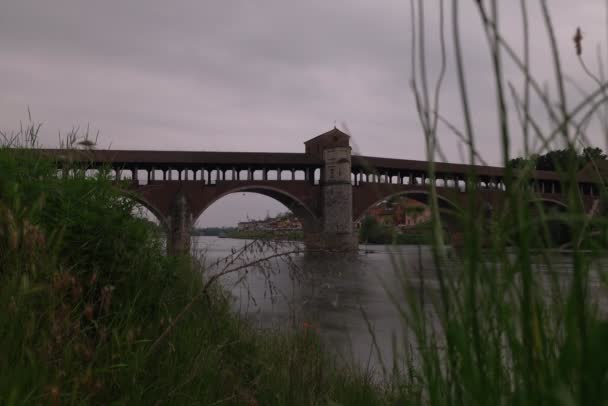 Panorama Ponte Coberta Pavia Com Rio Ticino Imagens Alta Qualidade — Vídeo de Stock