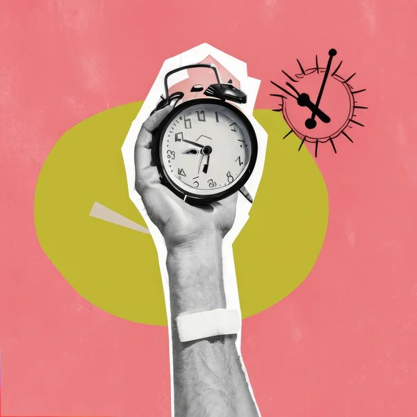 hand with clock as as a metaphor for time passing idea Art collage. High quality photo. High quality photo