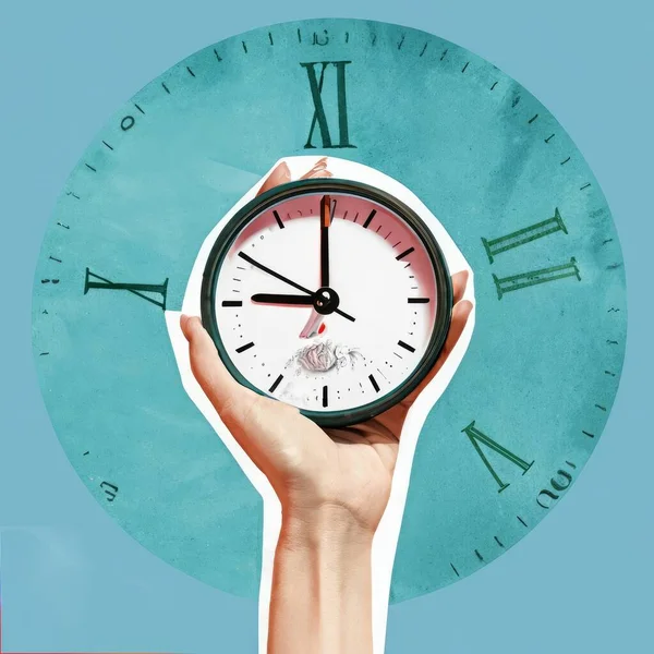 hand with clock as as a metaphor for time passing idea Art collage. High quality photo. High quality photo