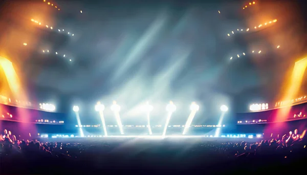 Bright stadium arena lights and smoke. High quality photo