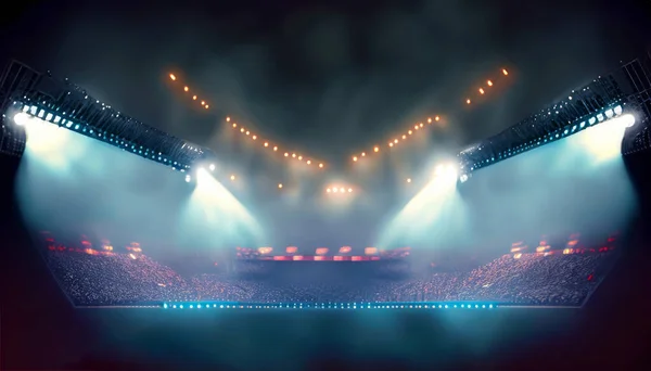 Bright stadium arena lights and smoke. High quality photo