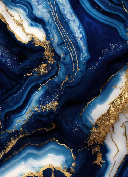 Luxurious navy blue ink marble-like abstract texture with golden dust and agate stone swirls and veins. High quality photo