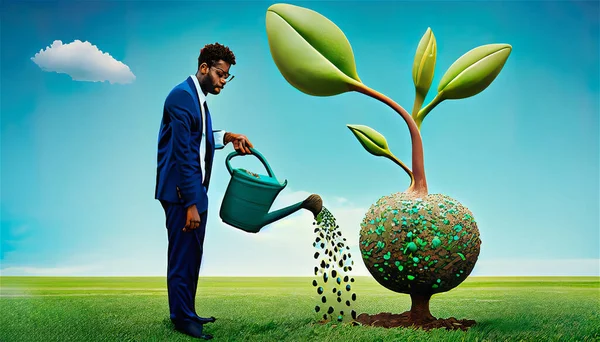 business man watering a plant as a metaphor for personal growth. High quality image