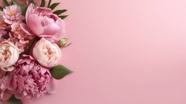 Pembe arkaplanlı şakayık gülleri. Anneler Günü 'ne kadar üretici. Yüksek kaliteli resim