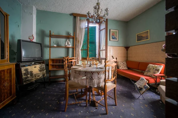 dining room with table and chairs in the abandoned house. High quality photo