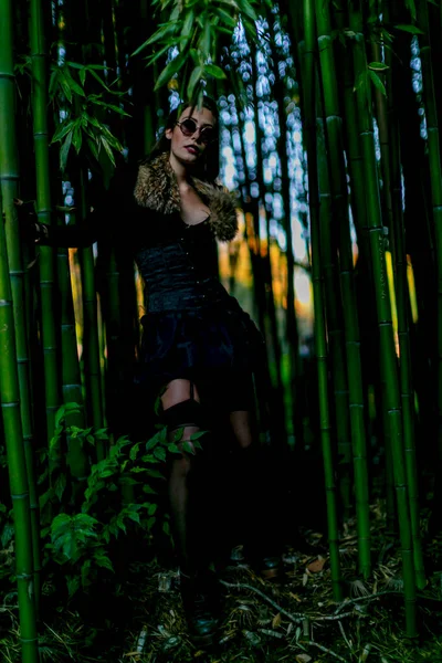 Piękna Dziewczyna Ubrana Ciemny Steampunk Portret Czarnym Psem Dobermann Wysokiej — Zdjęcie stockowe