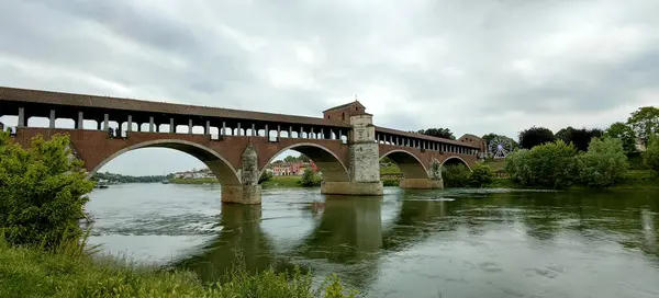 Panorama Pokrylo Most Pavia Řekou Ticino Kvalitní Fotografie Royalty Free Stock Obrázky