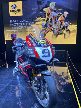 Milan, İtalya: 2023 01 28 Eicma Milano Bisiklet Fuarı Beta Enduro SBK SuperBike Danilo Petrucci Petrux. Yüksek kalite fotoğraf