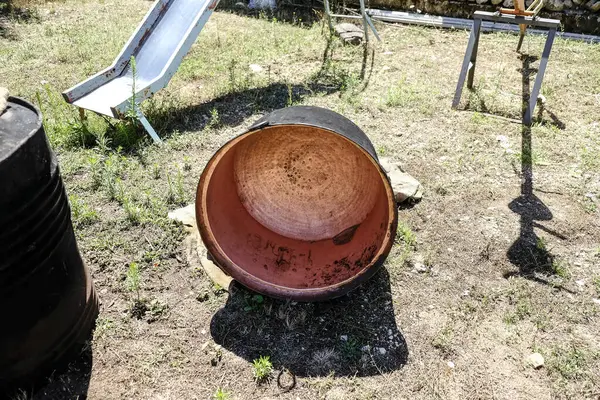 large copper cauldron for cooking on a wood fire. High quality photo