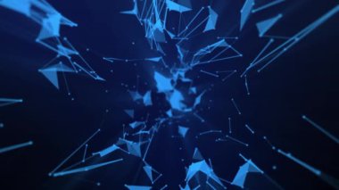 Parlayan parlak mavi ve mor bağlantılardan oluşan soyut bir dijital ağ koyu bir arkaplan üzerine kurulmuş