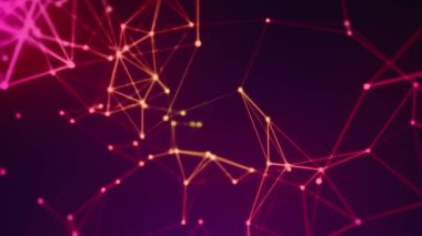 Koyu bir zemin üzerine kurulmuş, teknoloji, bilim ve dijital temalar için mükemmel bir kırmızı eflatun geometrik ağ tasarımı.