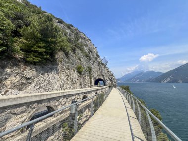 Limonlu konsolos Garda göl boyunca panoramik bir manzarayla yürüyor, yüksek kaliteli bir görüntü.