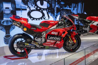 Milan, Italy : 11 05 2024 Eicma International cycle and motorcycle show Ducati Desmosedici Gp24 MotoGp Francesco Pecco Bagnaia. High quality photo clipart