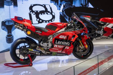 Milan, İtalya: 11 05: 2024 Eicma International bisiklet ve motosiklet şovu Ducati Desmosedici Gp24 MotoGp Francesco Pecco Bagnaia. Yüksek kalite fotoğraf