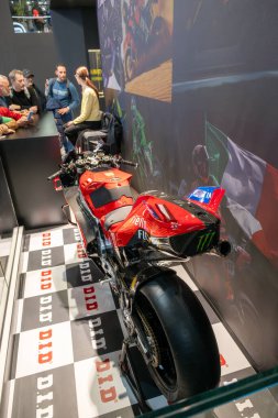 Milan, İtalya: 11 05: 2024 Eicma International bisiklet ve motosiklet şovu Pecco Francesco Bagniaia Ducati MotoGp. Yüksek kalite fotoğraf
